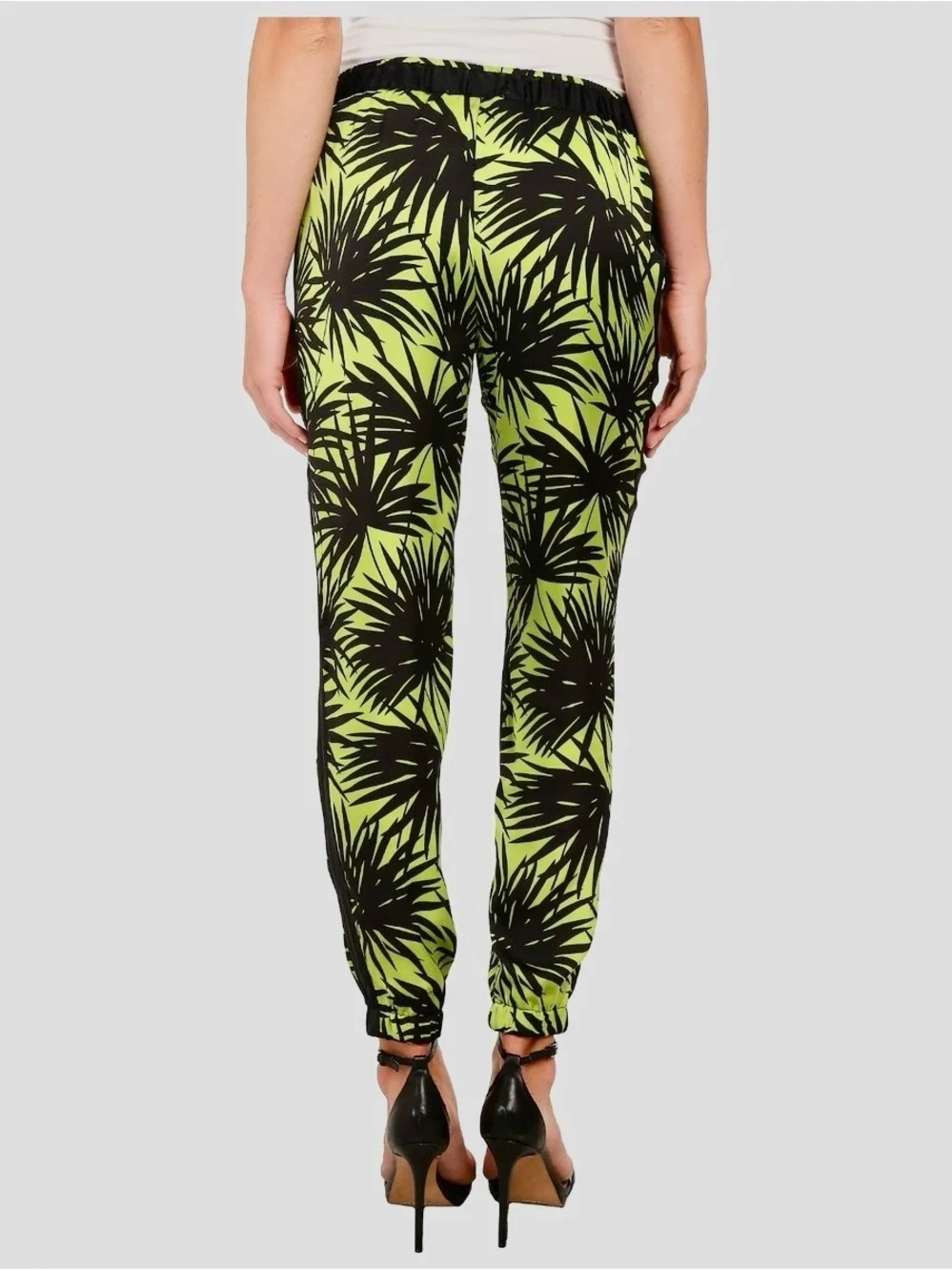MICHAEL KORS Satin Neon Lime Green & Black Palm Leaf Print Track Pants